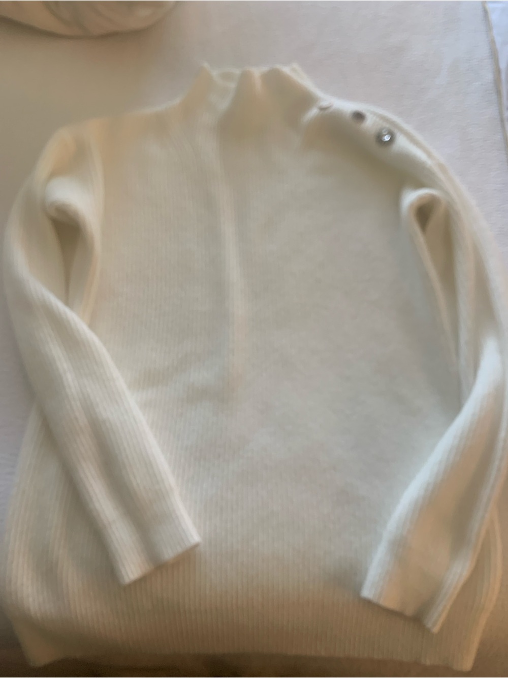 Cream Ribbed Mock Neck Sweater with Shoulder Button Detail